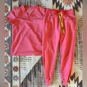 FIGS Women's Zamora Jogger Scrub Pants & Top Set Hot Coral Pink XS